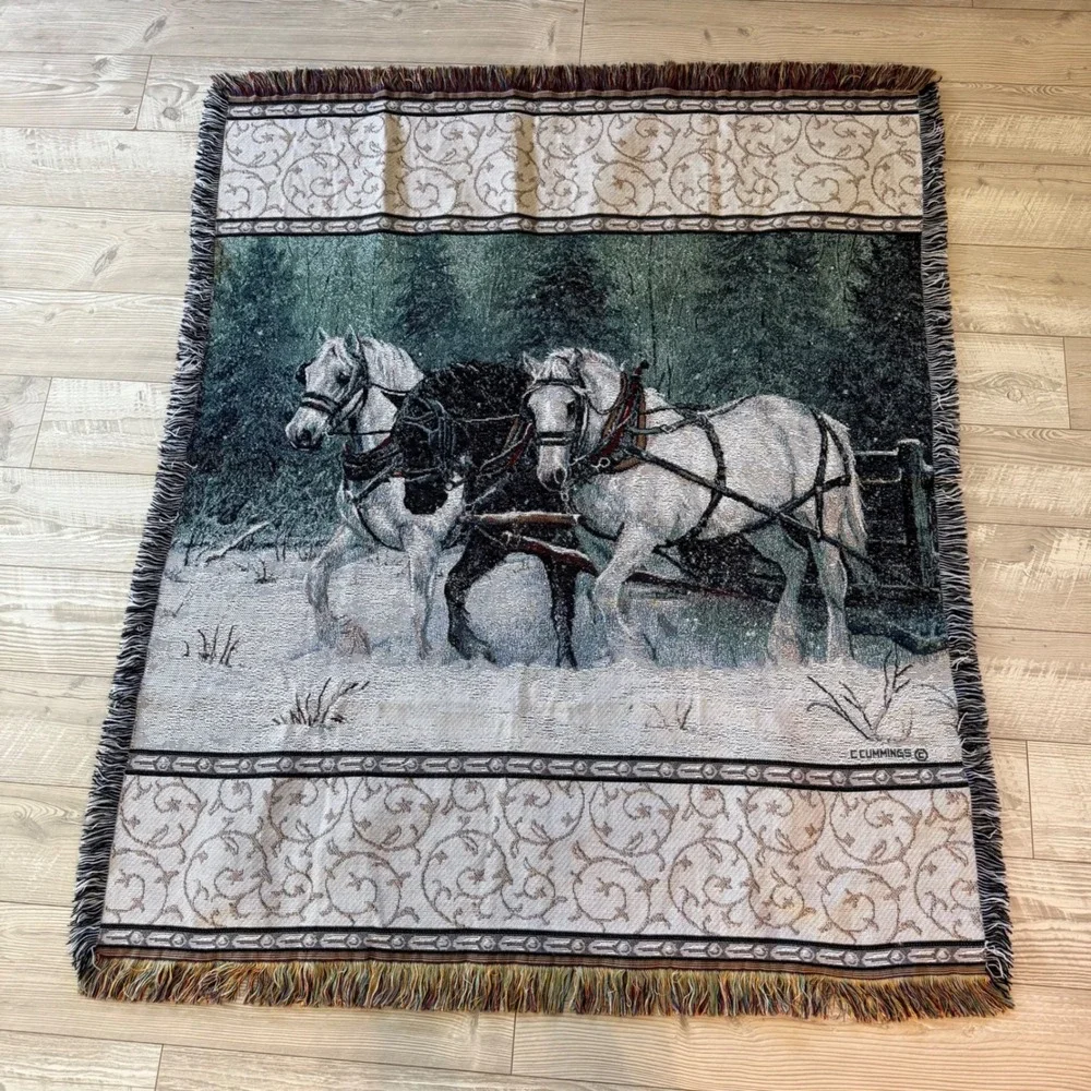 VTG C Cummings Horses Winter Sleigh Woven Tapestry Throw Blanket RARE White